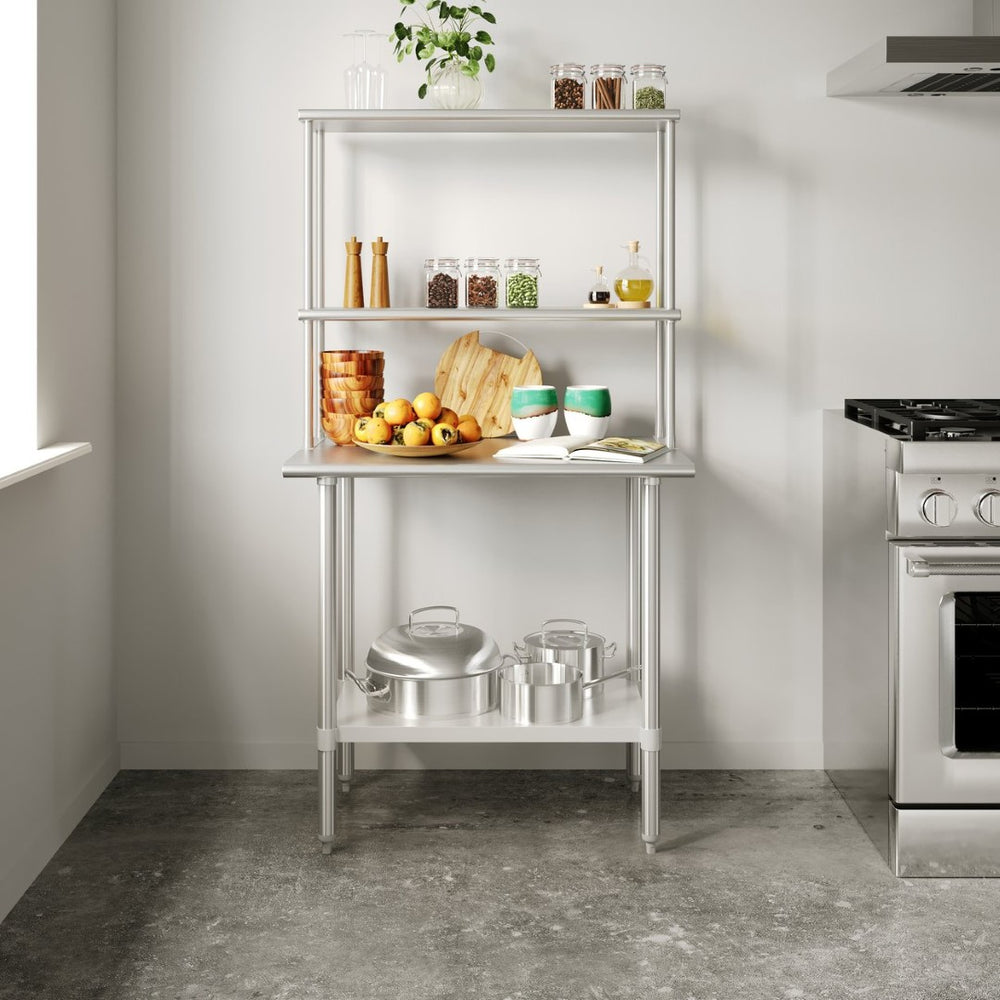 English Elm Reese Portable Work Table with NSF-Certified Steel Top, Double Overshelves, and Locking Casters Stainless Steel 24"W x 36"D NH-WT-2436-OSH-GG