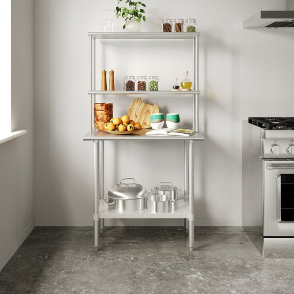 English Elm Reese Portable Work Table with NSF-Certified Steel Top, Double Overshelves, and Locking Casters Stainless Steel 24"W x 36"D NH-WT-2436-OSH-GG