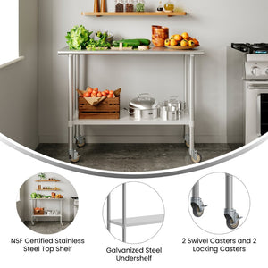 English Elm Rawcliffe Portable Work Table - NSF Certified Stainless Steel Surface, Heavy-Duty Casters & Storage NH-WT-2448-CAS-GG