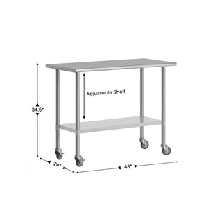 English Elm Rawcliffe Portable Work Table - NSF Certified Stainless Steel Surface, Heavy-Duty Casters & Storage NH-WT-2448-CAS-GG