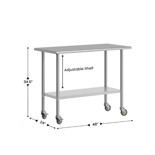 English Elm Rawcliffe Portable Work Table - NSF Certified Stainless Steel Surface, Heavy-Duty Casters & Storage NH-WT-2448-CAS-GG
