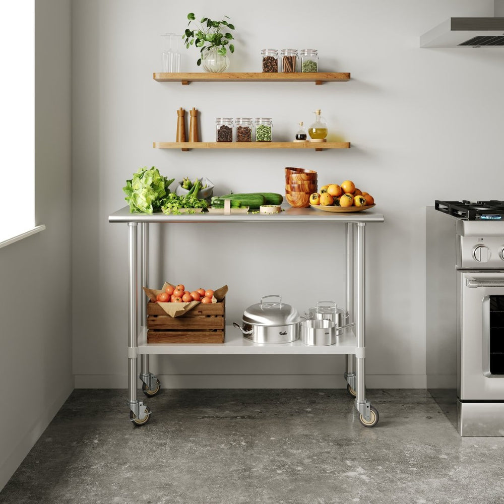 English Elm Rawcliffe Portable Work Table - NSF Certified Stainless Steel Surface, Heavy-Duty Casters & Storage NH-WT-2448-CAS-GG