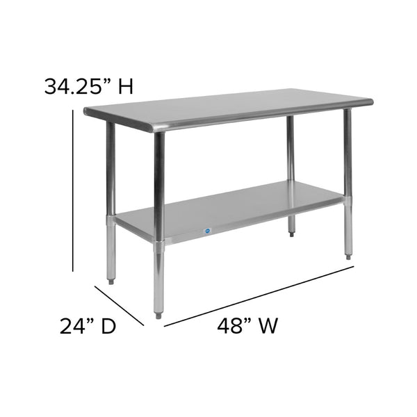 English Elm Rawcliffe Stainless Steel 48" Prep Table with Adjustable Undershelf - NSF Certified for Safety & Durability NH-WT-2448-GG