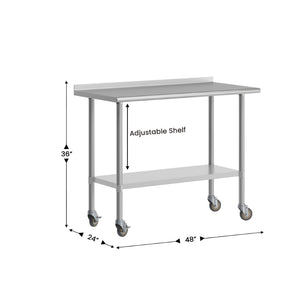 English Elm Rawcliffe Stainless Steel Portable Prep Table with Backsplash, Undershelf & Locking Casters - 48" x 24" NH-WT-2448BSP-CAS-GG