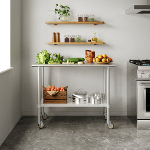 English Elm Rawcliffe Stainless Steel Portable Prep Table with Backsplash, Undershelf & Locking Casters - 48" x 24" NH-WT-2448BSP-CAS-GG