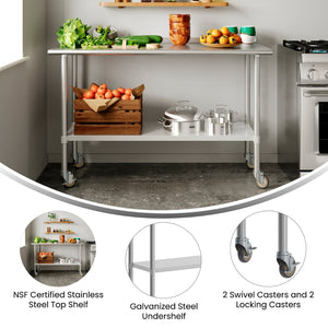 English Elm Reese Portable Prep Table with NSF Certified Steel Top, Galvanized Undershelf & Locking Casters Stainless Steel 60"W x 24"D NH-WT-2460-CAS-GG