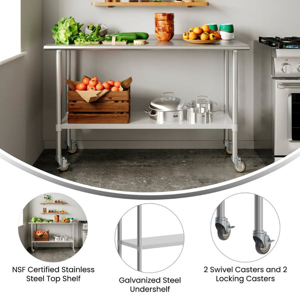 English Elm Reese Portable Prep Table with NSF Certified Steel Top, Galvanized Undershelf & Locking Casters Stainless Steel 60"W x 24"D NH-WT-2460-CAS-GG