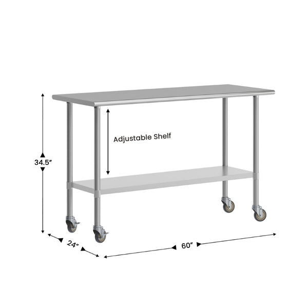 English Elm Reese Portable Prep Table with NSF Certified Steel Top, Galvanized Undershelf & Locking Casters Stainless Steel 60"W x 24"D NH-WT-2460-CAS-GG