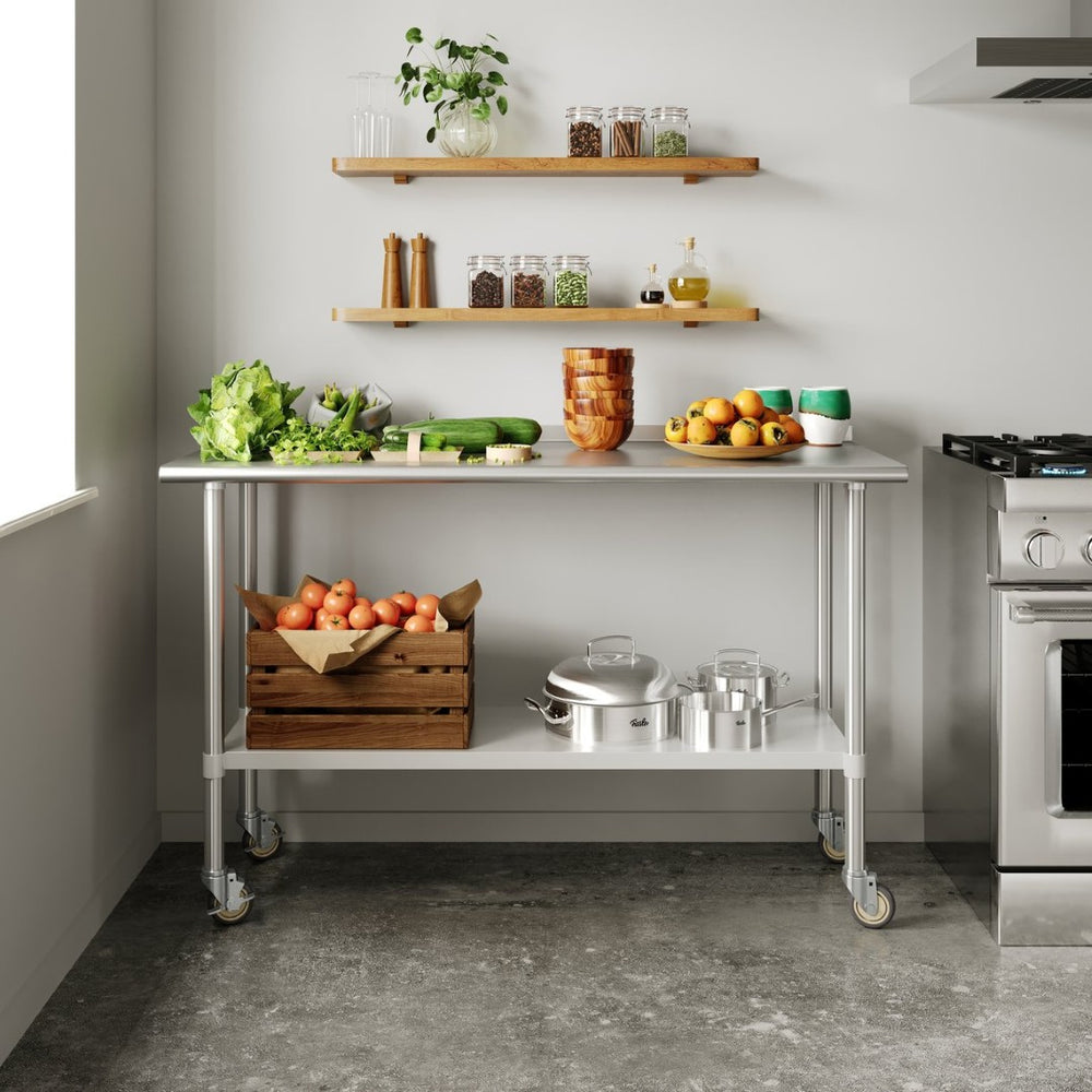 English Elm Reese Portable Prep Table with NSF Certified Steel Top, Galvanized Undershelf & Locking Casters Stainless Steel 60"W x 24"D NH-WT-2460-CAS-GG