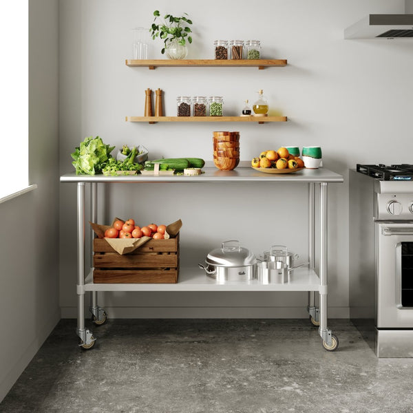 English Elm Reese Portable Prep Table with NSF Certified Steel Top, Galvanized Undershelf & Locking Casters Stainless Steel 60"W x 24"D NH-WT-2460-CAS-GG