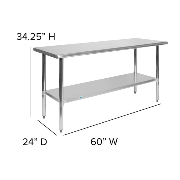 English Elm Reese Heavy-Duty Portable Prep Table with Hygienic Work Surface and Adjustable Storage for Versatile Use Stainless Steel 60"W x 24"D NH-WT-2460-GG