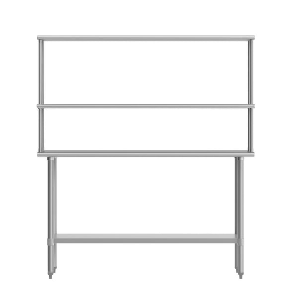 English Elm Reese Portable Work Table with NSF-Certified Steel Top, Double Overshelves, and Locking Casters Stainless Steel 60"W x 24"D NH-WT-2460-OSH-GG