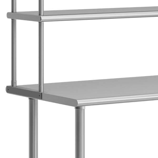 English Elm Reese Portable Work Table with NSF-Certified Steel Top, Double Overshelves, and Locking Casters Stainless Steel 60"W x 24"D NH-WT-2460-OSH-GG