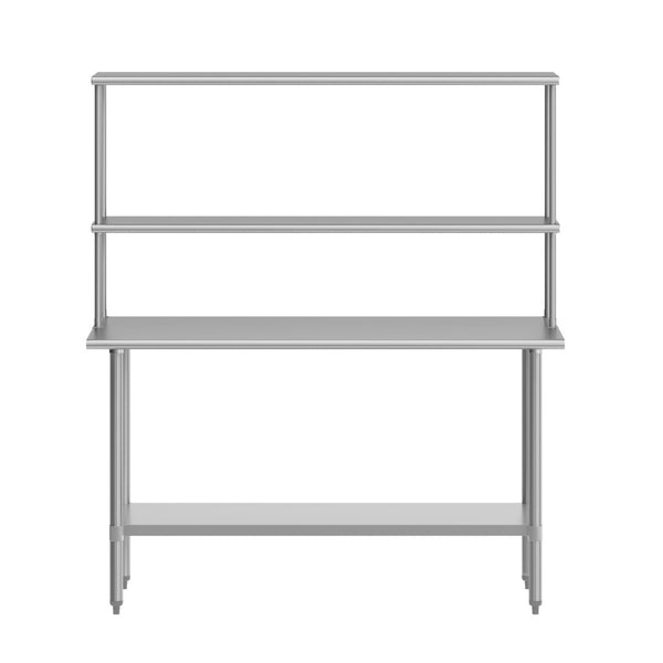 English Elm Reese Portable Work Table with NSF-Certified Steel Top, Double Overshelves, and Locking Casters Stainless Steel 60"W x 24"D NH-WT-2460-OSH-GG