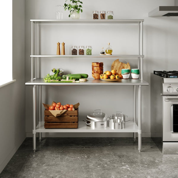 English Elm Reese Portable Work Table with NSF-Certified Steel Top, Double Overshelves, and Locking Casters Stainless Steel 60"W x 24"D NH-WT-2460-OSH-GG