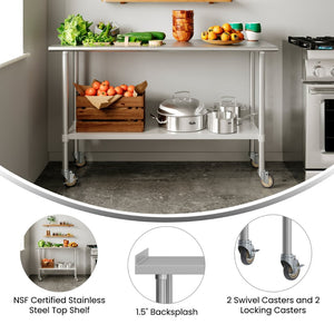 English Elm Reese Heavy-Duty Portable Prep Table with NSF Stainless Steel Top, Locking Casters & Backsplash NH-WT-2460BSP-CAS-GG