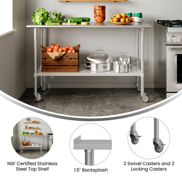 English Elm Reese Heavy-Duty Portable Prep Table with NSF Stainless Steel Top, Locking Casters & Backsplash NH-WT-2460BSP-CAS-GG