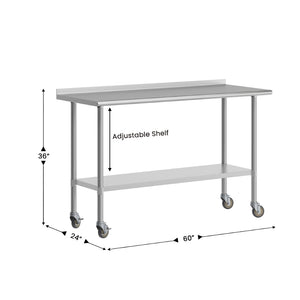 English Elm Reese Heavy-Duty Portable Prep Table with NSF Stainless Steel Top, Locking Casters & Backsplash NH-WT-2460BSP-CAS-GG