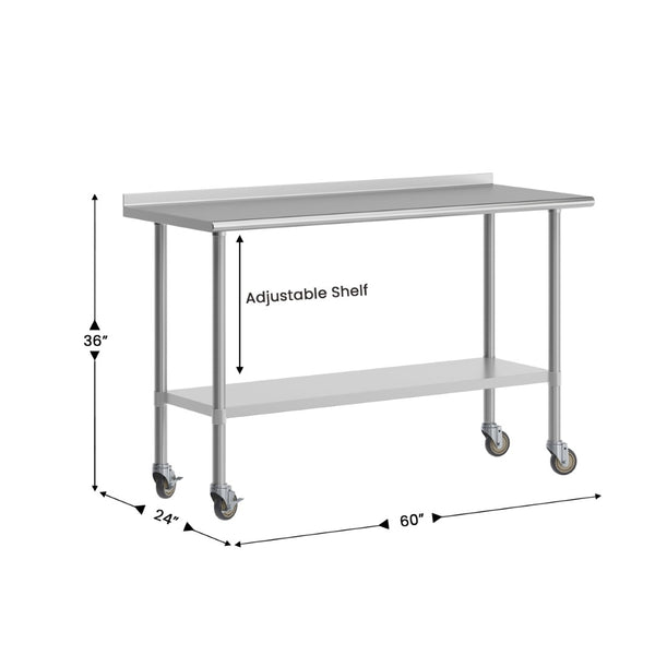 English Elm Reese Heavy-Duty Portable Prep Table with NSF Stainless Steel Top, Locking Casters & Backsplash NH-WT-2460BSP-CAS-GG