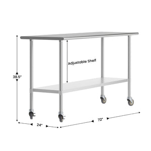 English Elm Reese Portable Prep Table with NSF Certified Steel Top, Galvanized Undershelf & Locking Casters Stainless Steel 72"W x 24"D x 34.5"H NH-WT-2472-CAS-GG