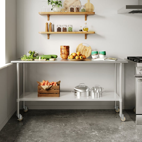 English Elm Reese Portable Prep Table with NSF Certified Steel Top, Galvanized Undershelf & Locking Casters Stainless Steel 72"W x 24"D x 34.5"H NH-WT-2472-CAS-GG