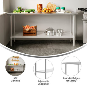 English Elm Reese Heavy-Duty Portable Prep Table with Hygienic Work Surface and Adjustable Storage for Versatile Use Stainless Steel 72"W x 24"D x 34.5"H NH-WT-2472-GG