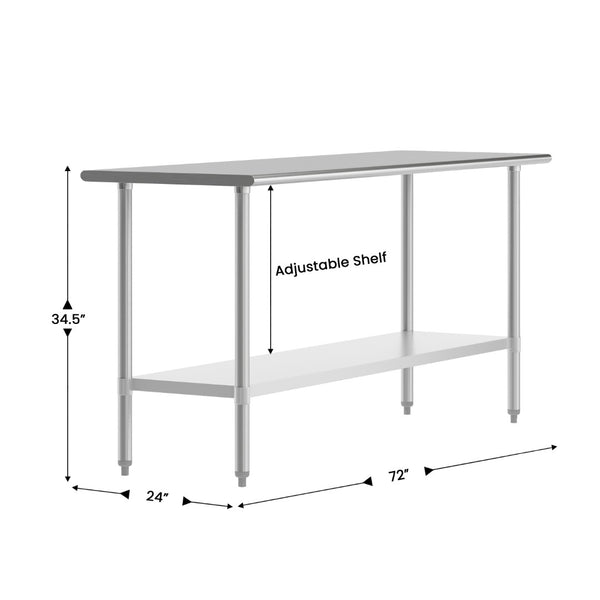English Elm Reese Heavy-Duty Portable Prep Table with Hygienic Work Surface and Adjustable Storage for Versatile Use Stainless Steel 72"W x 24"D x 34.5"H NH-WT-2472-GG