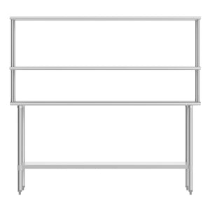 English Elm Reese Portable Work Table with NSF-Certified Steel Top, Double Overshelves, and Locking Casters Stainless Steel 72"W x 24"D x 34.5"H NH-WT-2472-OSH-GG