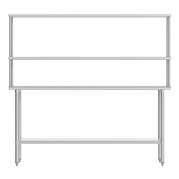 English Elm Reese Portable Work Table with NSF-Certified Steel Top, Double Overshelves, and Locking Casters Stainless Steel 72"W x 24"D x 34.5"H NH-WT-2472-OSH-GG