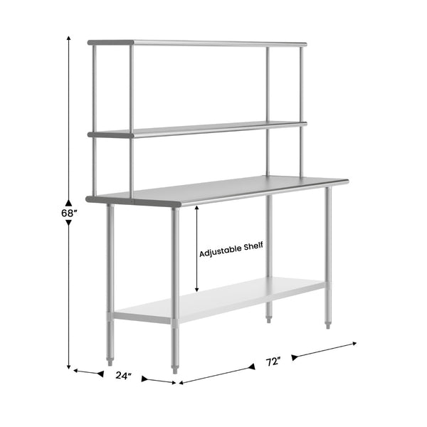 English Elm Reese Portable Work Table with NSF-Certified Steel Top, Double Overshelves, and Locking Casters Stainless Steel 72"W x 24"D x 34.5"H NH-WT-2472-OSH-GG