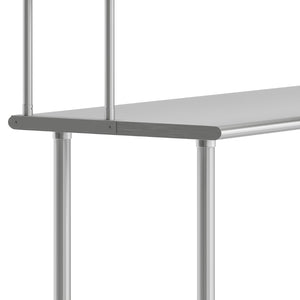 English Elm Reese Portable Work Table with NSF-Certified Steel Top, Double Overshelves, and Locking Casters Stainless Steel 72"W x 24"D x 34.5"H NH-WT-2472-OSH-GG