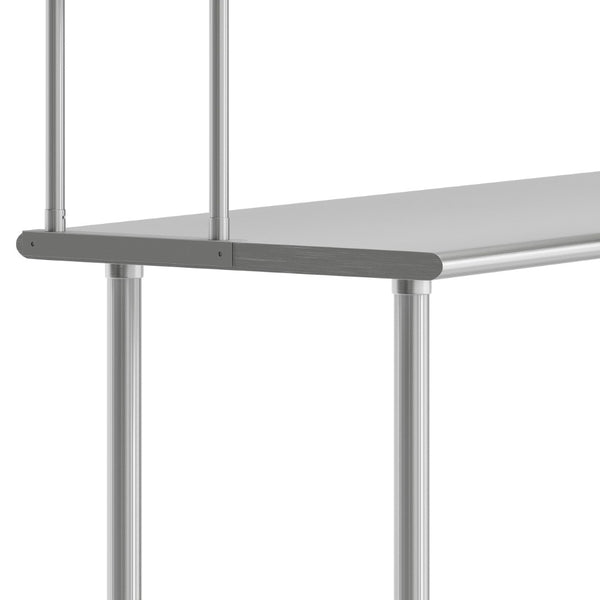 English Elm Reese Portable Work Table with NSF-Certified Steel Top, Double Overshelves, and Locking Casters Stainless Steel 72"W x 24"D x 34.5"H NH-WT-2472-OSH-GG