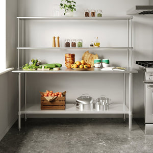 English Elm Reese Portable Work Table with NSF-Certified Steel Top, Double Overshelves, and Locking Casters Stainless Steel 72"W x 24"D x 34.5"H NH-WT-2472-OSH-GG