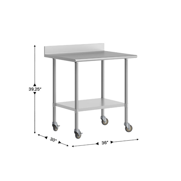 English Elm Reese Heavy-Duty Commercial Prep Table with NSF-Certified Top, Adjustable Undershelf & Locking Casters Stainless Steel 36"W x 30"D x 39.25"H NH-WT-3036-GG-B4-CAS-GG