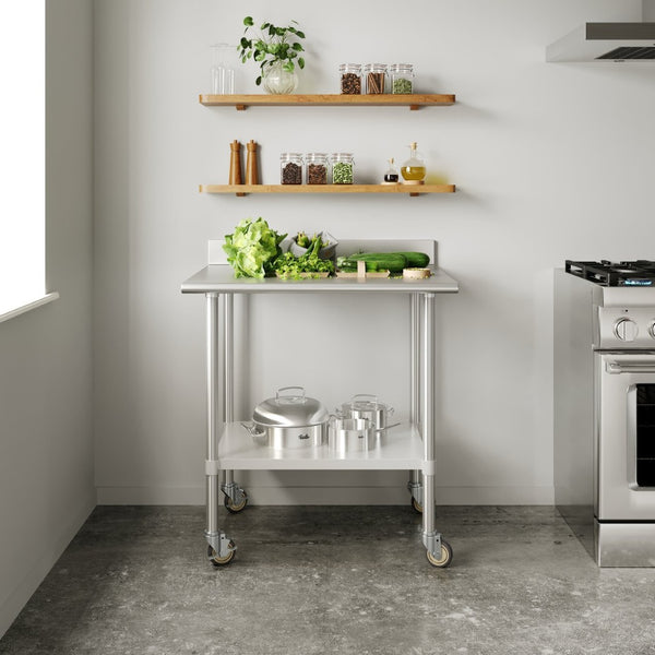 English Elm Reese Heavy-Duty Commercial Prep Table with NSF-Certified Top, Adjustable Undershelf & Locking Casters Stainless Steel 36"W x 30"D x 39.25"H NH-WT-3036-GG-B4-CAS-GG