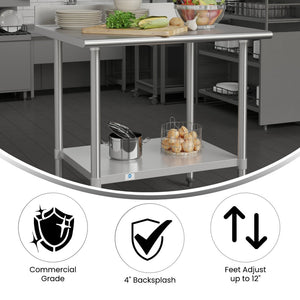 English Elm Reese Commercial Grade Prep Table with Adjustable Shelf, 4" Backsplash, and Heavy-Duty Load Capacity Stainless Steel 36"W x 30"D x 39.25"H NH-WT-3036-GG-B4-GG