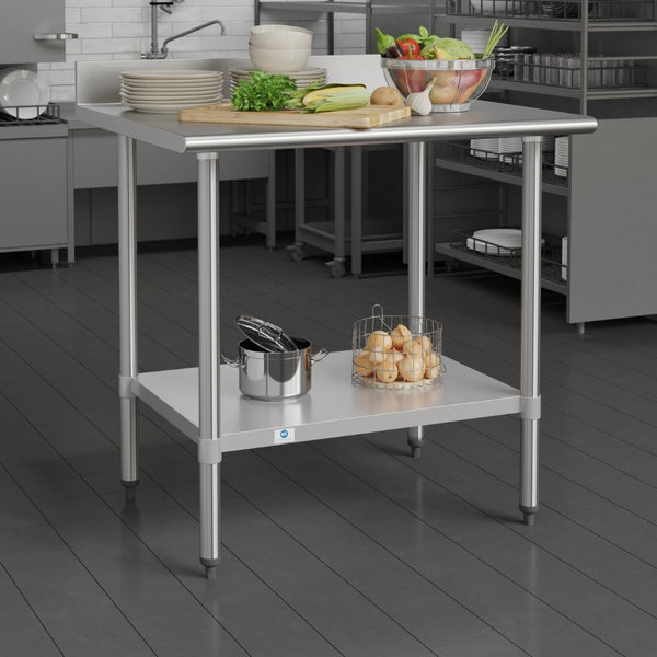 English Elm Reese Commercial Grade Prep Table with Adjustable Shelf, 4" Backsplash, and Heavy-Duty Load Capacity Stainless Steel 36"W x 30"D x 39.25"H NH-WT-3036-GG-B4-GG