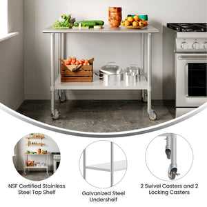 English Elm Reese Portable Prep Table with NSF Certified Steel Top, Galvanized Undershelf & Locking Casters Stainless Steel 48"W x 30"D x 34.5"H NH-WT-3048-CAS-GG
