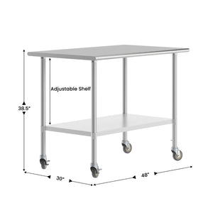 English Elm Reese Portable Prep Table with NSF Certified Steel Top, Galvanized Undershelf & Locking Casters Stainless Steel 48"W x 30"D x 34.5"H NH-WT-3048-CAS-GG