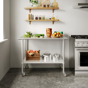 English Elm Reese Portable Prep Table with NSF Certified Steel Top, Galvanized Undershelf & Locking Casters Stainless Steel 48"W x 30"D x 34.5"H NH-WT-3048-CAS-GG