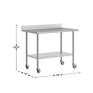 English Elm Reese Heavy-Duty Commercial Prep Table with NSF-Certified Top, Adjustable Undershelf & Locking Casters Stainless Steel 48"W x 30"D x 39.25"H NH-WT-3048-GG-B4-CAS-GG
