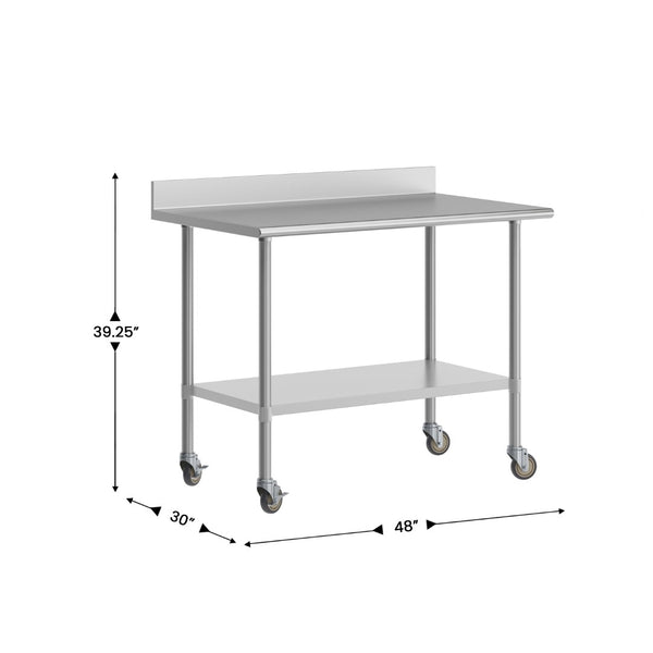 English Elm Reese Heavy-Duty Commercial Prep Table with NSF-Certified Top, Adjustable Undershelf & Locking Casters Stainless Steel 48"W x 30"D x 39.25"H NH-WT-3048-GG-B4-CAS-GG