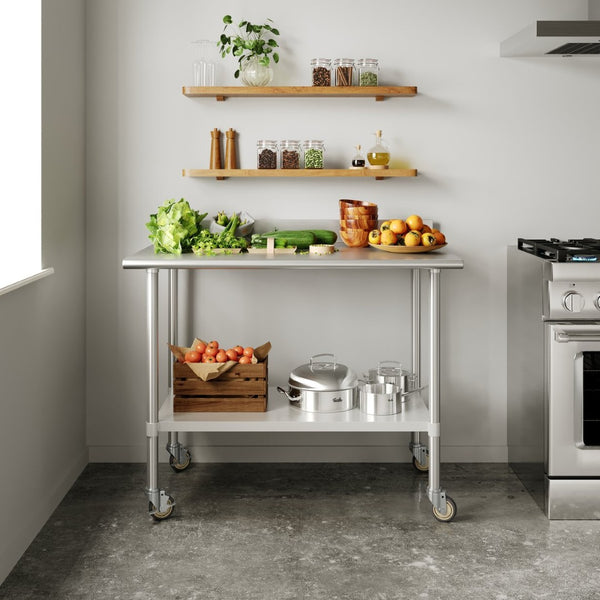 English Elm Reese Heavy-Duty Commercial Prep Table with NSF-Certified Top, Adjustable Undershelf & Locking Casters Stainless Steel 48"W x 30"D x 39.25"H NH-WT-3048-GG-B4-CAS-GG
