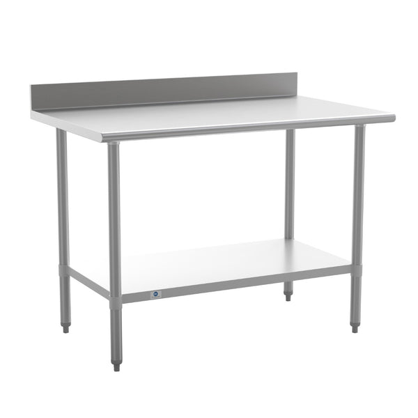 English Elm Reese Commercial Grade Prep Table with Adjustable Shelf, 4" Backsplash, and Heavy-Duty Load Capacity Stainless Steel 48"W x 30"D x 39.25"H NH-WT-3048-GG-B4-GG