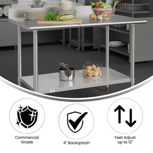 English Elm Reese Commercial Grade Prep Table with Adjustable Shelf, 4" Backsplash, and Heavy-Duty Load Capacity Stainless Steel 48"W x 30"D x 39.25"H NH-WT-3048-GG-B4-GG