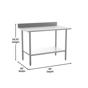 English Elm Reese Commercial Grade Prep Table with Adjustable Shelf, 4" Backsplash, and Heavy-Duty Load Capacity Stainless Steel 48"W x 30"D x 39.25"H NH-WT-3048-GG-B4-GG