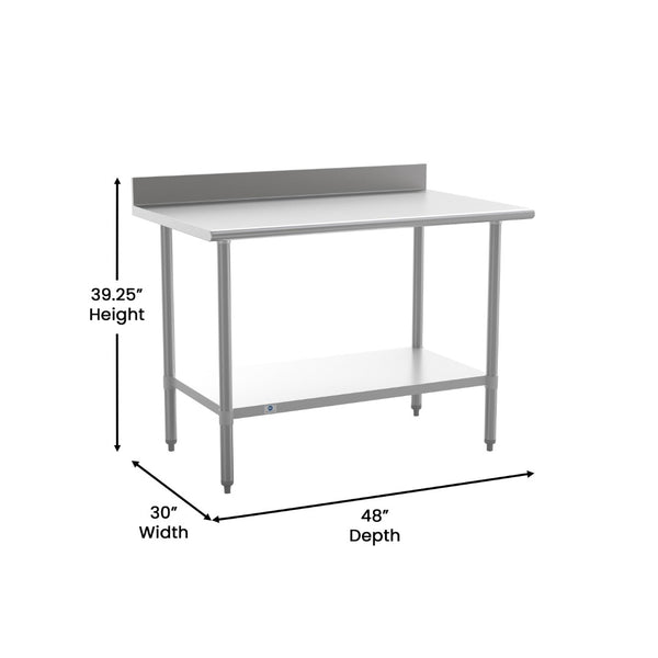 English Elm Reese Commercial Grade Prep Table with Adjustable Shelf, 4" Backsplash, and Heavy-Duty Load Capacity Stainless Steel 48"W x 30"D x 39.25"H NH-WT-3048-GG-B4-GG