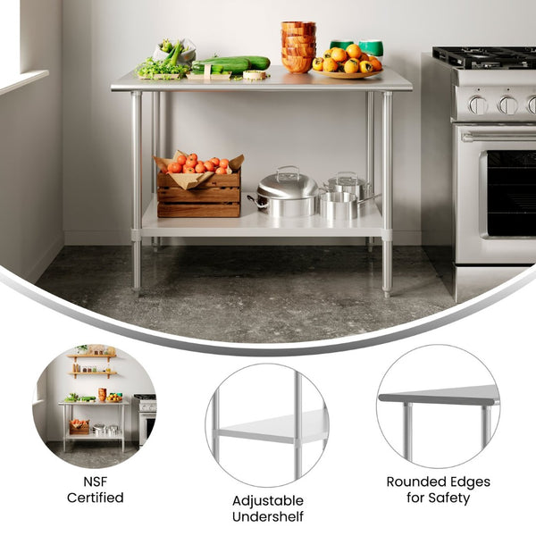 English Elm Reese Heavy-Duty Portable Prep Table with Hygienic Work Surface and Adjustable Storage for Versatile Use Stainless Steel 48"W x 30"D x 34.5"H NH-WT-3048-GG