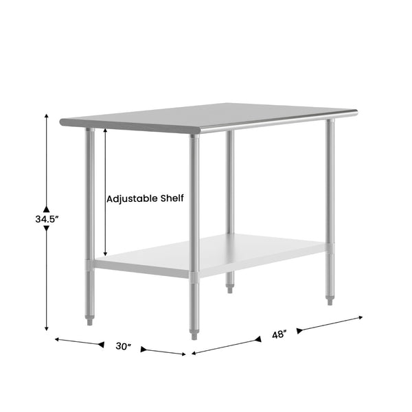 English Elm Reese Heavy-Duty Portable Prep Table with Hygienic Work Surface and Adjustable Storage for Versatile Use Stainless Steel 48"W x 30"D x 34.5"H NH-WT-3048-GG