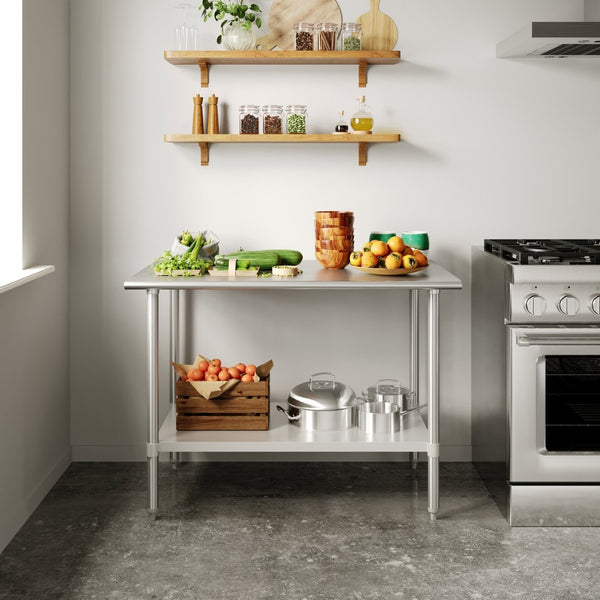 English Elm Reese Heavy-Duty Portable Prep Table with Hygienic Work Surface and Adjustable Storage for Versatile Use Stainless Steel 48"W x 30"D x 34.5"H NH-WT-3048-GG